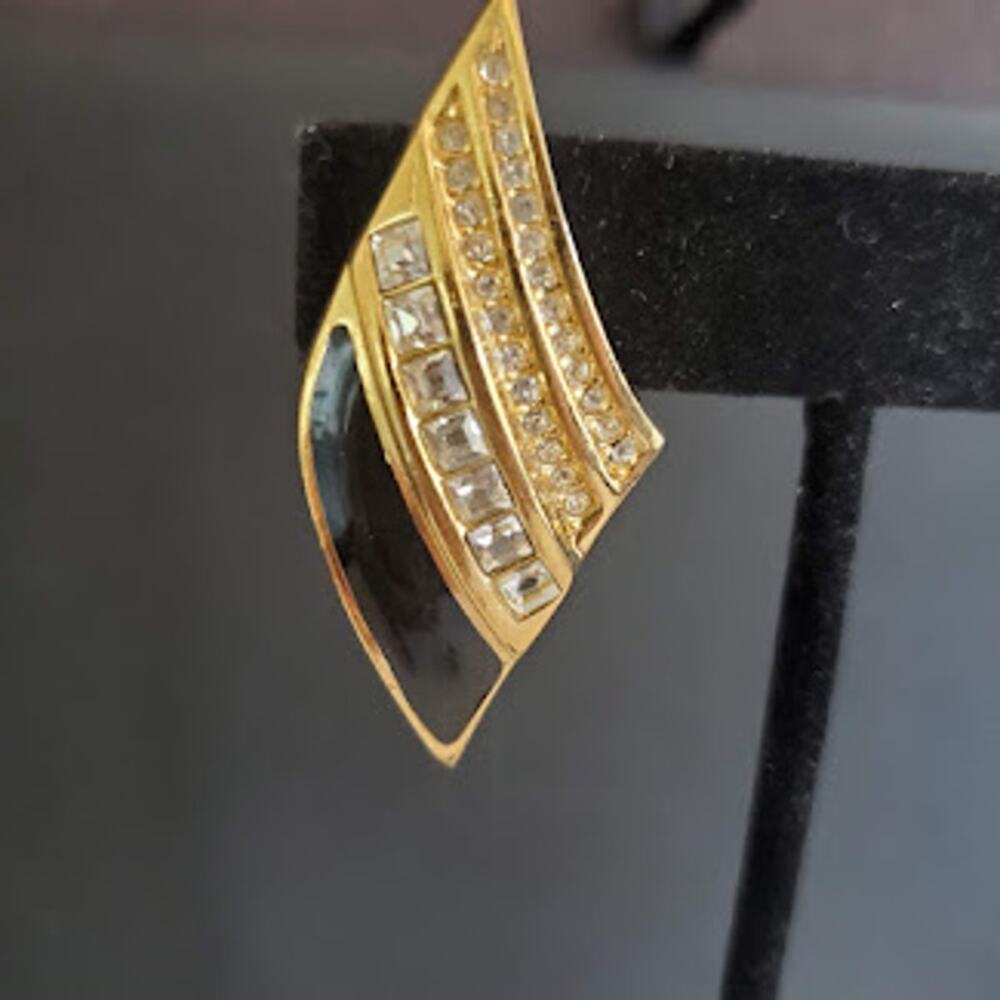 Christian Dior Gold‎ Tone Crystal Black Enamel Clip On Earrings Designer - Picture 2 of 6
